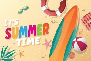 Hello Summer vector illustration with tropical beach and blue sky background for banner, flyer, poster or web site design.