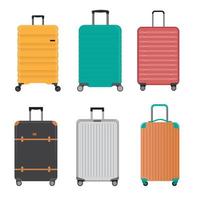 Set of travel bags vector illustration in flat style. Colorful tourist luggage Isolated on white backdrop. Big collection of cartoon yellow and orange handbags, and green briefcase, blue rucksack