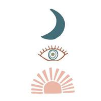elementos en doodle, boho, estilo de dibujo a mano. ilustración plana para diseño y decoración. ojo, luna, sol vector