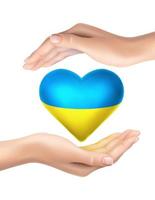 3d realistic vector icon. No war concept. Ukrainian flag in shape of heart. Heart holding hand. Isolated on white background.