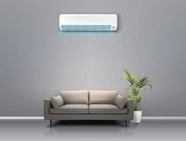 3d realistic vector background. Climat control concept. Cooling air conditioning system in the living room with a couch.
