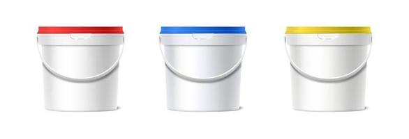 3d realistic vector icon set. Front view of paint plastic bucket with handle red, blue and yellow lid. Isolated on white background.