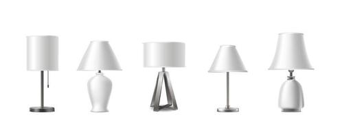 3d realistic vector icon set. Collection of table lamps in different shapes. Isolated on white background.