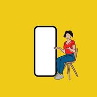 Full-length Hand draw vector of a pretty Afro lady sitting on a chair next to a big blank smartphone website design, yellow background. Space for your online advertisement