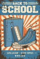 cartel de regreso a la escuela de estilo rústico vintage retro para la tienda o tienda de útiles escolares vector