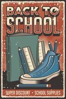 cartel de regreso a la escuela de estilo rústico vintage retro para la tienda o tienda de útiles escolares vector