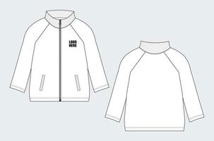 chaqueta de manga larga con bolsillo y cremallera vista frontal y posterior de la plantilla de ilustración vectorial de boceto plano de moda técnica. vector