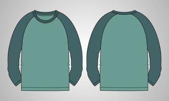 Long sleeve Raglan T shirt technical fashion flat sketch vector Illustration template front, back views isolated on grey background. Regular fit Basic apparel Design Mock up.