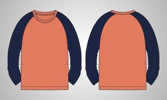 Long sleeve Raglan T shirt technical fashion flat sketch vector Illustration template front, back views isolated on grey background. Regular fit Basic apparel Design Mock up.