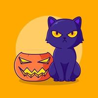 linda calabaza de halloween y ilustración de icono de dibujos animados de gato negro enojado vector