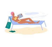 Flat cartoon character surfing internet on travel vacation, vector illustration concept