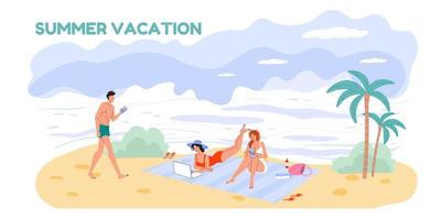 Flat cartoon character surfing internet on travel vacation, vector illustration concept