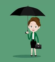 Smilling young business woman standing with umbrella vector