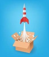 Paper art style of rocket flying from the opening box on blue background, Think outside the box business concept vector