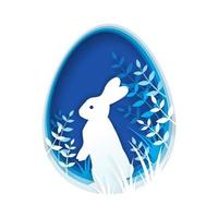 Paper art and digital craft style of rabbit standing on hind legs in the grass that is inside blue egg shape, Happy Easter day concept