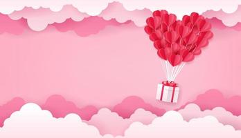 Valentine's day concept, Paper art of red heart shaped balloon and white gift box flying on the pink sky with cloud