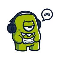 lindo personaje de dibujos animados de monstruos jugando juegos con auriculares y gamepad vector