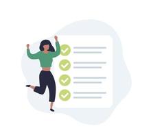 completed task, to do list vector illustration with woman and checklist