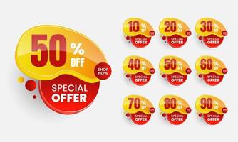 Abstract shape 3d sale tags with different discount sets. 10, 20, 30, 40, 50, 60, 70, 80, and 90 percent. Vector illustration of a badge sticker label. Isolated on a white background