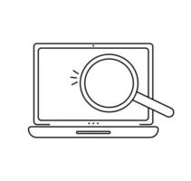 icono de búsqueda de computadora en estilo plano. portátil con ilustración de vector de lupa sobre fondo blanco aislado. concepto de negocio de visualización de dispositivos