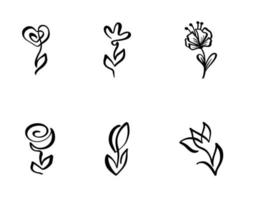 Set of Continuous Line art Drawing Vector Calligraphic Flower logo. Black Sketch icon of Plants Isolated on White Background. One Line Illustration Minimalist Prints