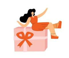 Beautiful vector woman sits on present gift box. Female character on big birthday gift in festive packaging. Flat cartoon illustration isolated on white background