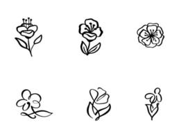 Set of Continuous Line art Drawing Vector Calligraphic Flower logo. Black Sketch of Plants Isolated on White Background. One Line Illustration Minimalist Prints