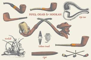 Pipe, cigar and hookah set. Vintage smoking pass-time. Rituals vector