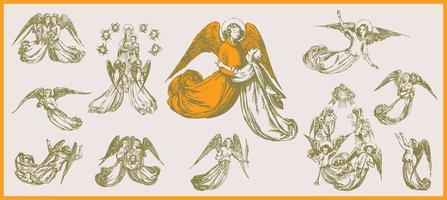 conjunto de vectores de grabado de ángeles católicos