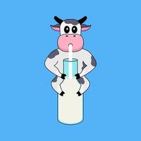 linda mascota de vaca bebiendo leche en una botella de leche de vector de ilustración