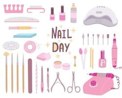 Big manicure set, manicure accessories, equipment, tools. UV lamp, apparatus for manicure, scissors, nail file and nail polish etc. Illustration for backgrounds. Isolated on white background. vector