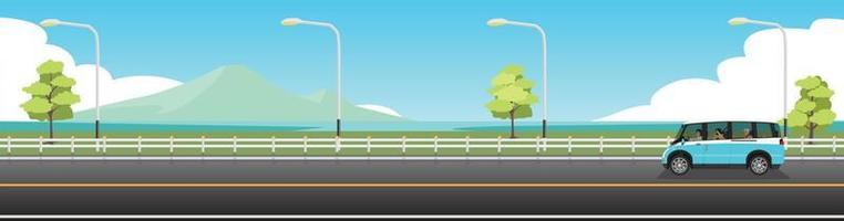 Happy family travels with car for banner. Car van for travel.  Asphalt road near the sea beach with island under clear sky surrounded by green grass and trees. Copy Space Flat Vector. vector