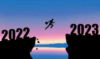 2023 New Year Background Design. A businessman is jumping over to cliff and jump across between 2022 and 2023 word. vector