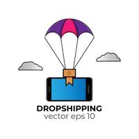 Dropshipping concept. Parachute in the sky delivering smartphone to destination. Vector illustration in line art style