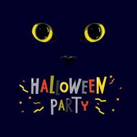 Yellow cat eyes on a dark background and with the caption Halloween Party. vector