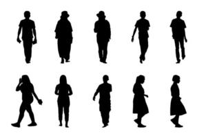 silueta de personas caminando sobre fondo blanco, conjunto de vectores de hombres y mujeres negros