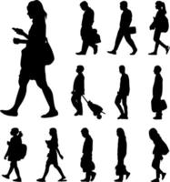 Man and Woman Walk Silhouettes, Vector Icon people travel on white background