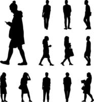 black walking silhouettes vector, Icon man and women promenade on white background vector