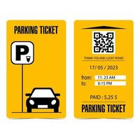 Paid parking ticket design template in black and orange colours. Parking zone entrance and exit quittance or receipt with parking sign, car, qr code, date, time and price. Flat vector illustration.