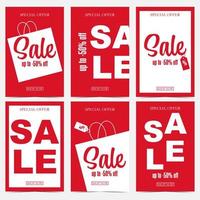 Sale banner or poster design template in red and white colours. Vector illustration for weekend or holiday discount, shopping season, promo and advertisement leaflet or flyer, social media marketing.