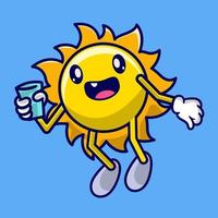 linda caricatura de sol sosteniendo una taza de agua vector