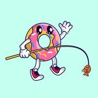 Cute donut mascot fising a fish vector
