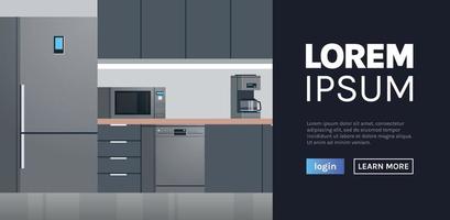 Modern kitchen interior no people and home appliances web homepage flat design illustration. vector