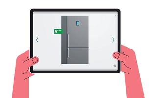 Hand holding tablet computer and refrigerator on tablet computer screen flat vector illustration.