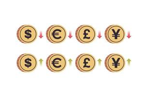 International currency coins and dollar, euro, pound, yen with up and down arrows on white background horizontal full length flat vector illustration.