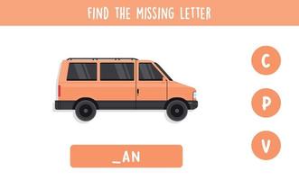 Find missing letter and spelling game concept for kids flat vector illustration.