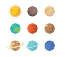 conjunto de planetas de dibujos animados y sistema solar simple en la ilustración de vector plano de fondo blanco.