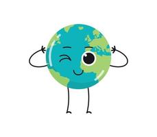 Cute earth characters different emotions and cartoon mascot globe collection set flat vector illustration.