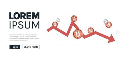 Cryptocurrency downward arrow and falling crash bitcoin price collapse crypto loss investment risk crisis flat vector illustration.