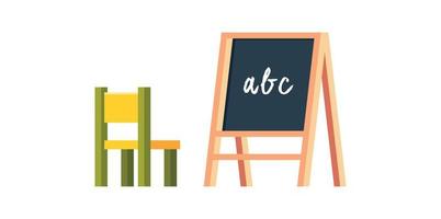 Kids study classroom furniture and abc on chalk blackboard preschool flat vector illustration.